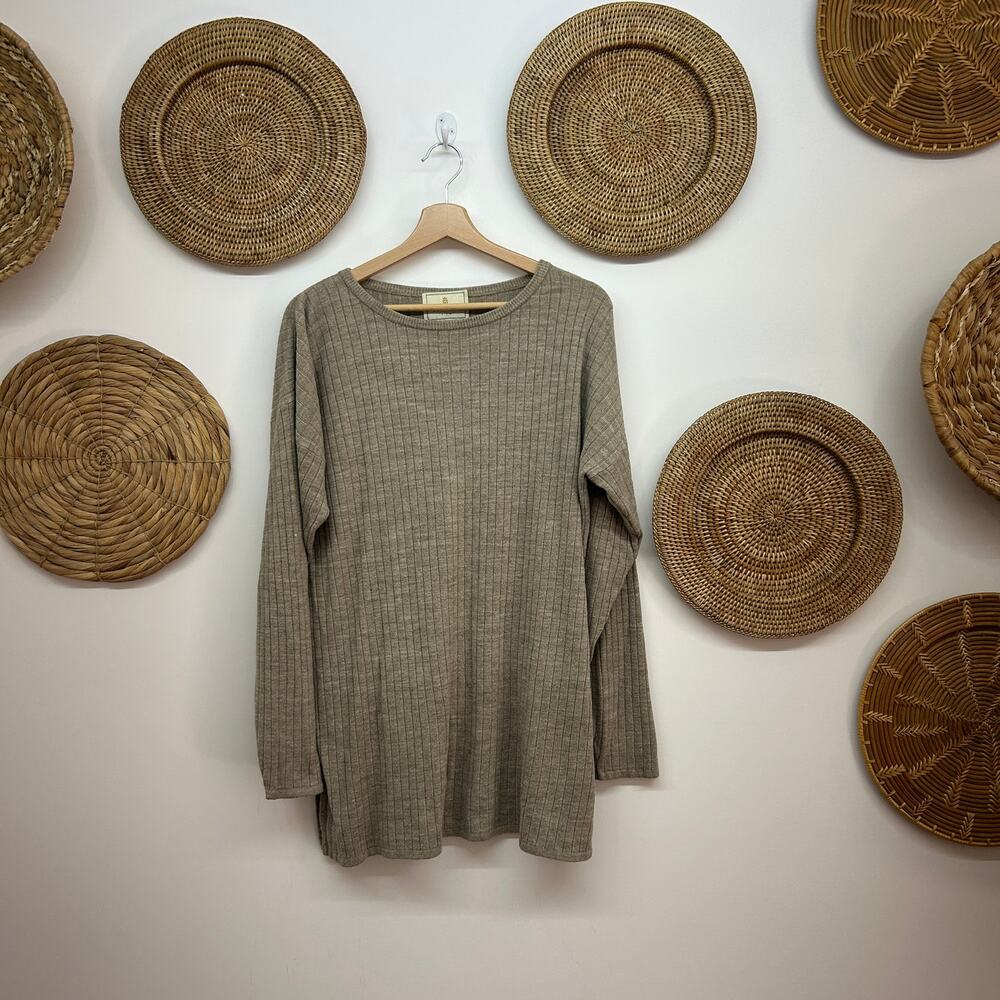 Vintage 80s Express Brown Tan Soft Ribbed Knit Pullover Sweater Large Side Slit